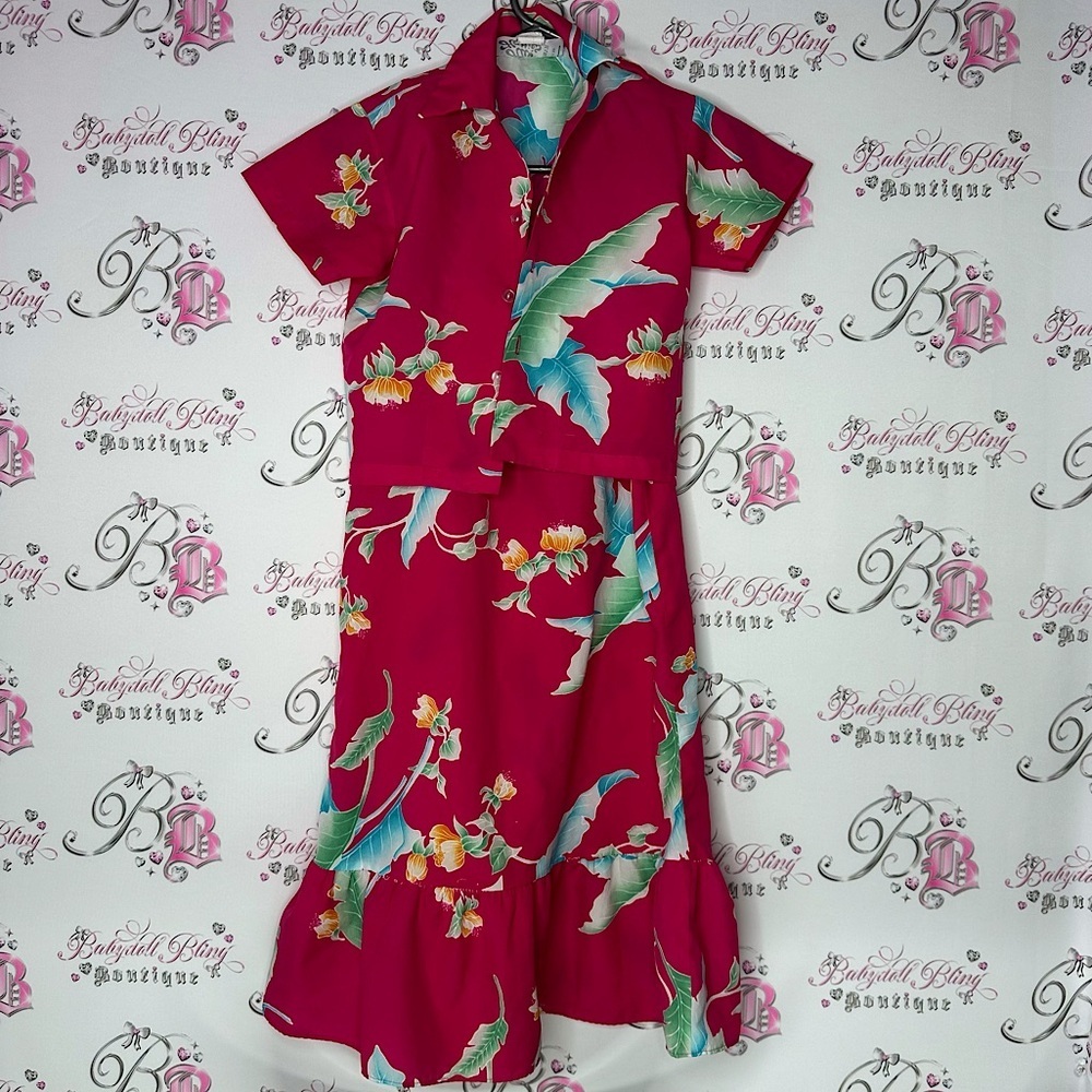 Hilo Hattie’s 2 piece set button up top and Floral pink flower Dress Hawaii